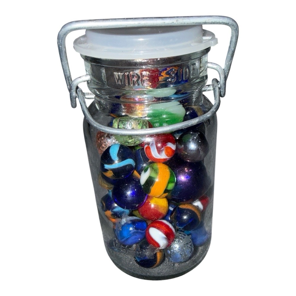 Mixed Glass Marbles Lot w/ Jar – Swirls, Cat's‑Eyes, Shooters – 60